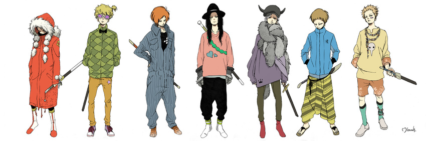 androgynous anklet black_hair blonde_hair blue_eyes boots bow bowtie coat drawstring facial_mark fashion fedora floral_print freckles full_body fur_trim gloves hand_on_hip hands_in_pockets harem_pants hat heart highres horns jacket jewelry jumpsuit kneehighs light_brown_hair long_hair looking_at_viewer makkamu multiple_boys necklace neon_genesis_evangelion no_eyebrows orange_hair original pants pom_pom_(clothes) sachiel sandals scarf sheath sheathed shoes shorts side_ponytail signature single_earring sneakers standing star striped sunglasses sweater sword track_jacket weapon white_background white_hair