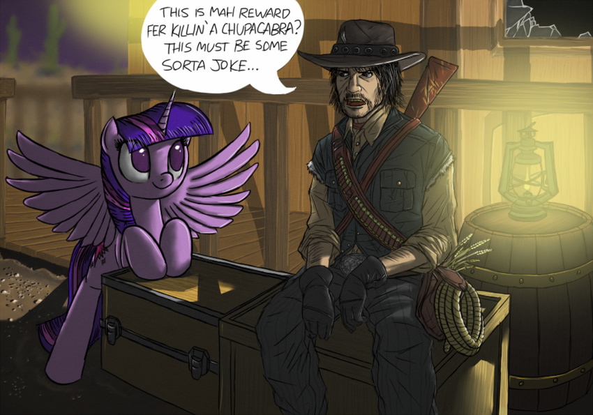 atteez bandolier barrel belt black_hair box chest crate crossover cutie_mark english_text equine female friendship_is_magic gun hair hat horn horse human john_marston lamp male mammal my_little_pony pony purple_eyes ranged_weapon red_dead_redemption rockstar_games rope text twilight_sparkle_(mlp) two_tone_hair weapon winged_unicorn wings