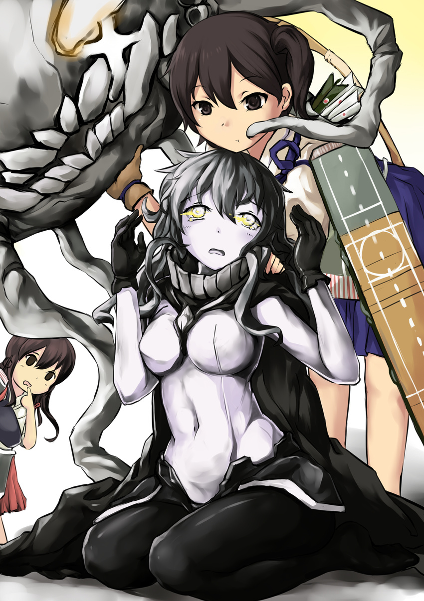 463_jun :t absurdres akagi_(kantai_collection) armor black_gloves bodysuit breasts brown_eyes brown_hair covered_navel gloves glowing glowing_eyes hat hat_removed headwear_removed highres kaga_(kantai_collection) kantai_collection medium_breasts monster_girl multiple_girls muneate open_mouth shinkaisei-kan side_ponytail silver_hair sitting tasuki tears wariza wavy_mouth wo-class_aircraft_carrier yellow_eyes