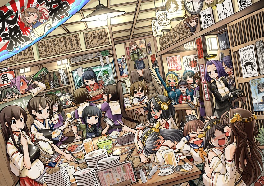 6+girls akagi_(kantai_collection) alcohol aoba_(kantai_collection) apron ashigara_(kantai_collection) atago_(kantai_collection) banner beer_mug bird black_hair blush bottle bowl braid breast_envy brown_eyes brown_hair bucket cha_(kantai_collection) chopsticks commentary_request crowded crying cup curry curry_rice damage_control_goddess_(kantai_collection) dish dress drum_(container) drunk dutch_angle eating elbow_gloves error_musume eyepatch failure_penguin fairy_(kantai_collection) fish fish_tank folded_ponytail food food_on_face fubuki_(kantai_collection) furutaka_(kantai_collection) girl_holding_a_cat_(kantai_collection) girl_sandwich glasses gloves hachimaki haguro_(kantai_collection) hair_ornament hairclip haruna_(kantai_collection) headband headgear hiei_(kantai_collection) highres hiyoko_(kantai_collection) holding holding_cup houshou_(kantai_collection) i-19_(kantai_collection) i-class_destroyer ice_cream inazuma_(kantai_collection) indoors japanese_clothes jun'you_(kantai_collection) kaga_(kantai_collection) kantai_collection kirishima_(kantai_collection) kitakami_(kantai_collection) kongou_(kantai_collection) long_hair meat mechanical_halo miss_cloud multiple_girls muneate myoukou_(kantai_collection) nachi_(kantai_collection) nagato_(kantai_collection) naka_(kantai_collection) nejiri_hachimaki ni-class_destroyer nontraditional_miko ooi_(kantai_collection) open_mouth penguin plasma-chan_(kantai_collection) plate pointing ponytail poster_(object) pot rashinban_musume restaurant rice rice_on_face ryuujou_(kantai_collection) sailor_dress sakazaki_freddy sake sandwiched school_uniform serafuku shinkaisei-kan short_hair side_ponytail single_braid skirt stairs table tairyou-bata takao_(kantai_collection) tamagokake_gohan tatsuta_(kantai_collection) teacup tenryuu_(kantai_collection) tray twintails visor_cap waving white_gloves yukikaze_(kantai_collection) zuikaku_(kantai_collection)