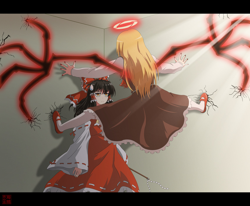 blonde_hair brown_hair cicada_block detached_sleeves energy_wings ex-rumia gohei hair_tubes hakurei_reimu halo highres letterboxed long_hair multiple_girls older outstretched_arms rumia spread_arms spread_legs sweatdrop touhou wings woofey yellow_eyes