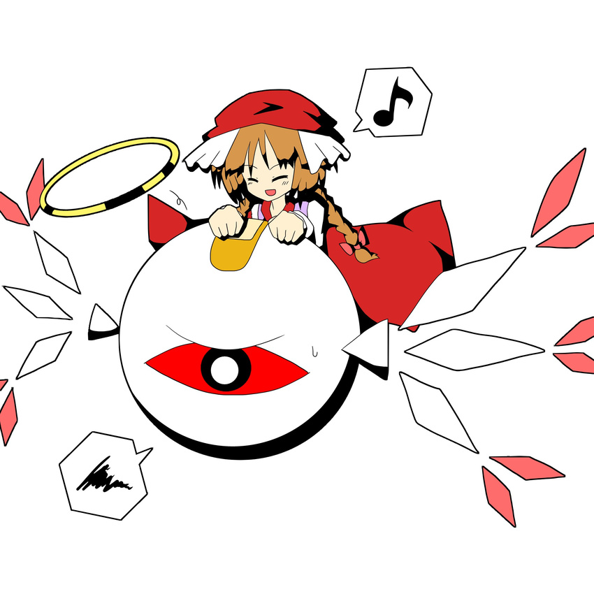 annoyed bandages bandaid bow braid brown_hair halo hat highres kirby_(series) kirby_64 musical_note one-eyed open_mouth red_bow red_eyes rika_(touhou) simple_background smile speech_bubble squiggle sweatdrop touhou touhou_(pc-98) white_background wings zero_two_(kirby)