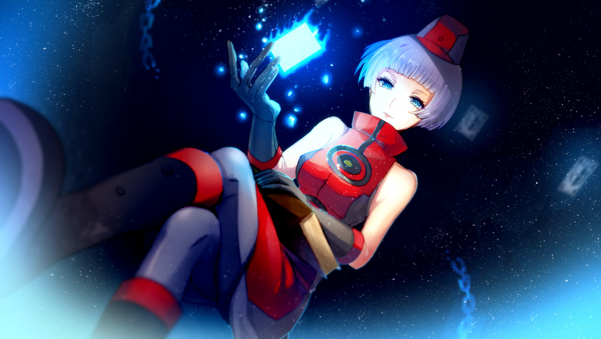 alternate_color aqua_eyes bad_id bad_pixiv_id banned_artist bare_shoulders black_legwear book boots breasts card crossed_legs dress elizabeth_(persona) gloves hat highres looking_at_viewer medium_breasts pantyhose persona persona_3 persona_4 short_hair silver_hair sitting sleeveless smile solo yusano