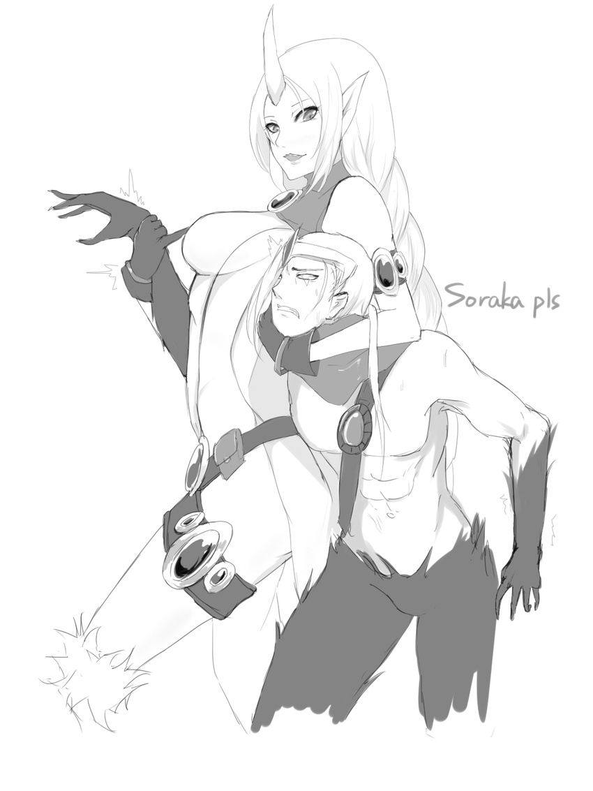 1girl braid breasts cropped_legs greyscale headlock height_difference highres horn kumiko_shiba large_breasts league_of_legends long_hair monochrome pain sideboob single_braid soraka varus