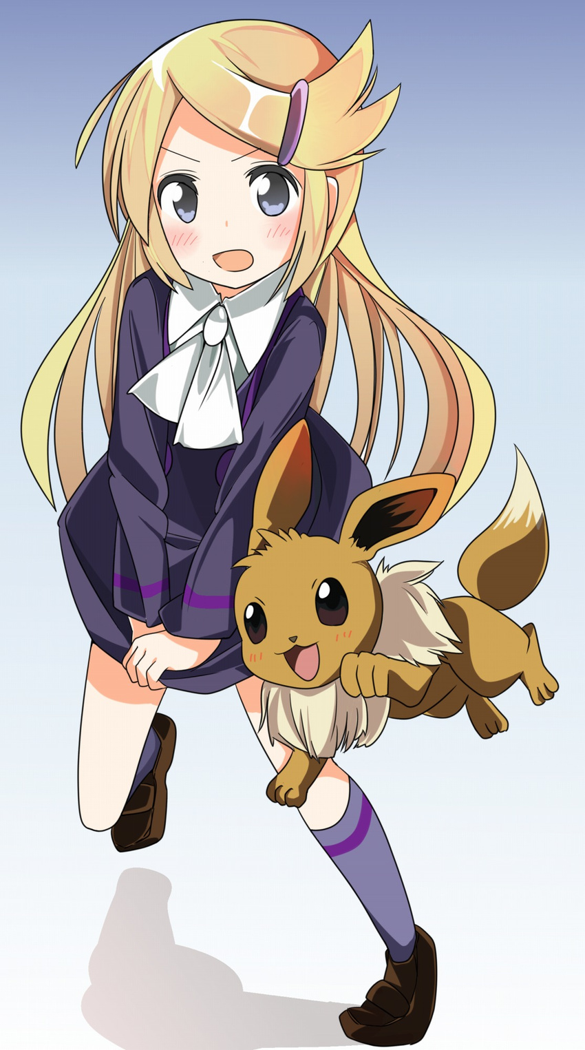 ace_trainer_(pokemon) ayaka_(pokemon) bad_id bad_pixiv_id blonde_hair blue_eyes blue_legwear blush dress eevee gen_1_pokemon hair_ornament hairclip highres kneehighs long_hair open_mouth pokemon pokemon_(creature) pokemon_(game) pokemon_xy ribbon shoes skirt skirt_hold skirt_tug tantan_men_(dragon)