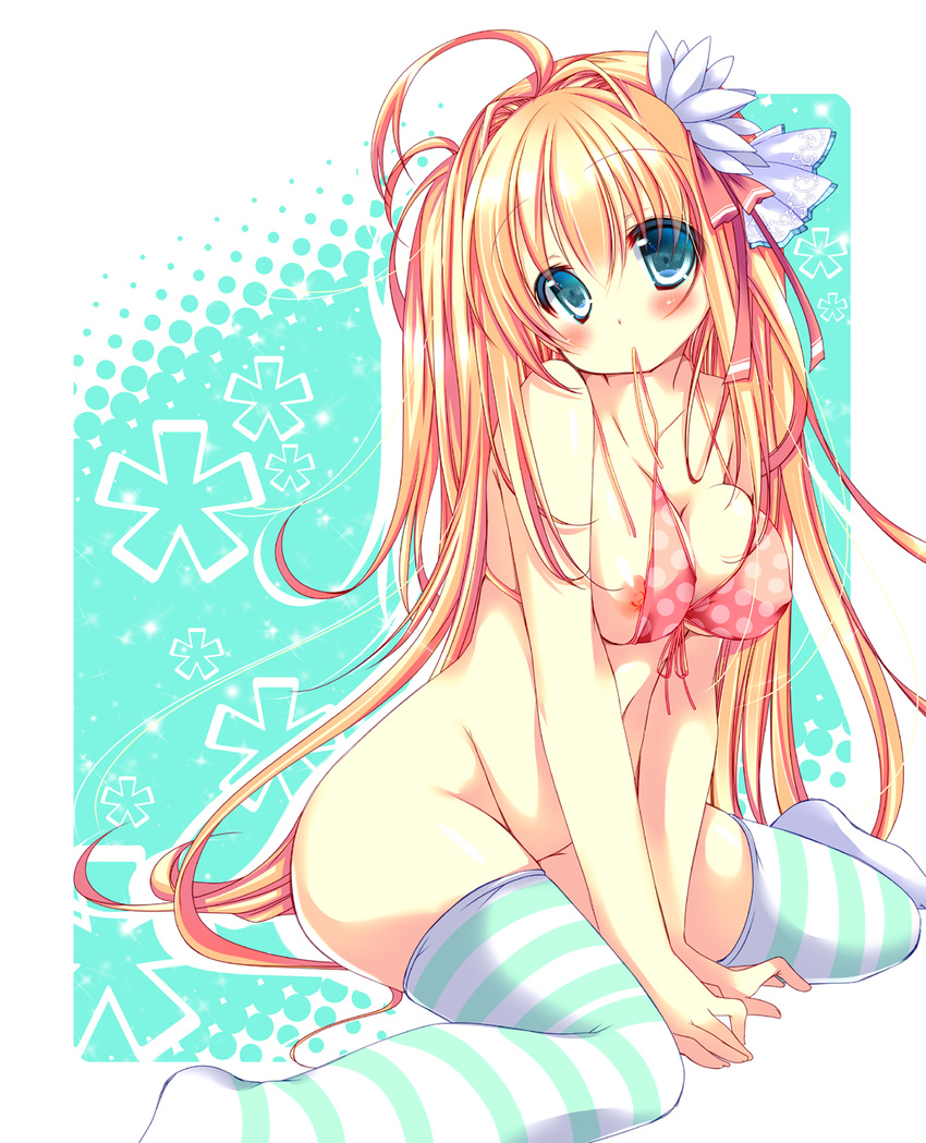 ahoge arm_support bikini_top blonde_hair blue_eyes blush bottomless breasts front-tie_top groin hair_intakes highres hikanyan large_breasts long_hair mouth_hold nipple_slip nipples original polka_dot sitting socks solo striped striped_legwear thighhighs untied v_arms very_long_hair wariza