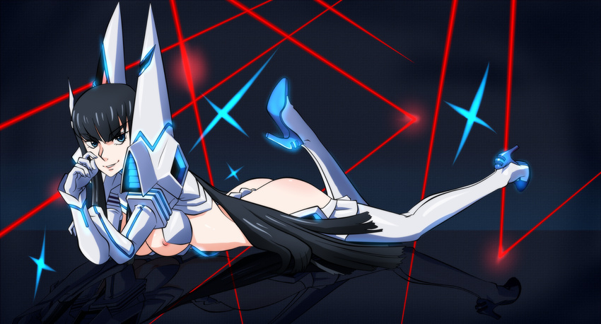 armor ass back-seamed_legwear black_hair blue_eyes boots breasts genya_(genya67) glowing high_heels highres junketsu kill_la_kill kiryuuin_satsuki large_breasts long_hair lying nipples on_stomach reflection seamed_legwear smile spikes suspenders thigh_boots thighhighs