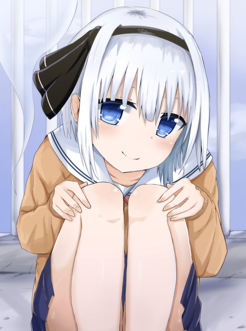 1girl absurdres alternate_costume blue_eyes blue_skirt blue_sky blush cloud commentary_request contemporary daru_(kumakumadon) feet_out_of_frame hair_between_eyes hair_ribbon hands_on_own_knees head_tilt highres knees_to_chest konpaku_youmu konpaku_youmu_(ghost) legs_together looking_at_viewer on_ground railing ribbon sailor_collar school_uniform short_hair silver_hair sitting sitting_on_ground skirt sky smile solo tan_sweater touhou white_sailor_collar