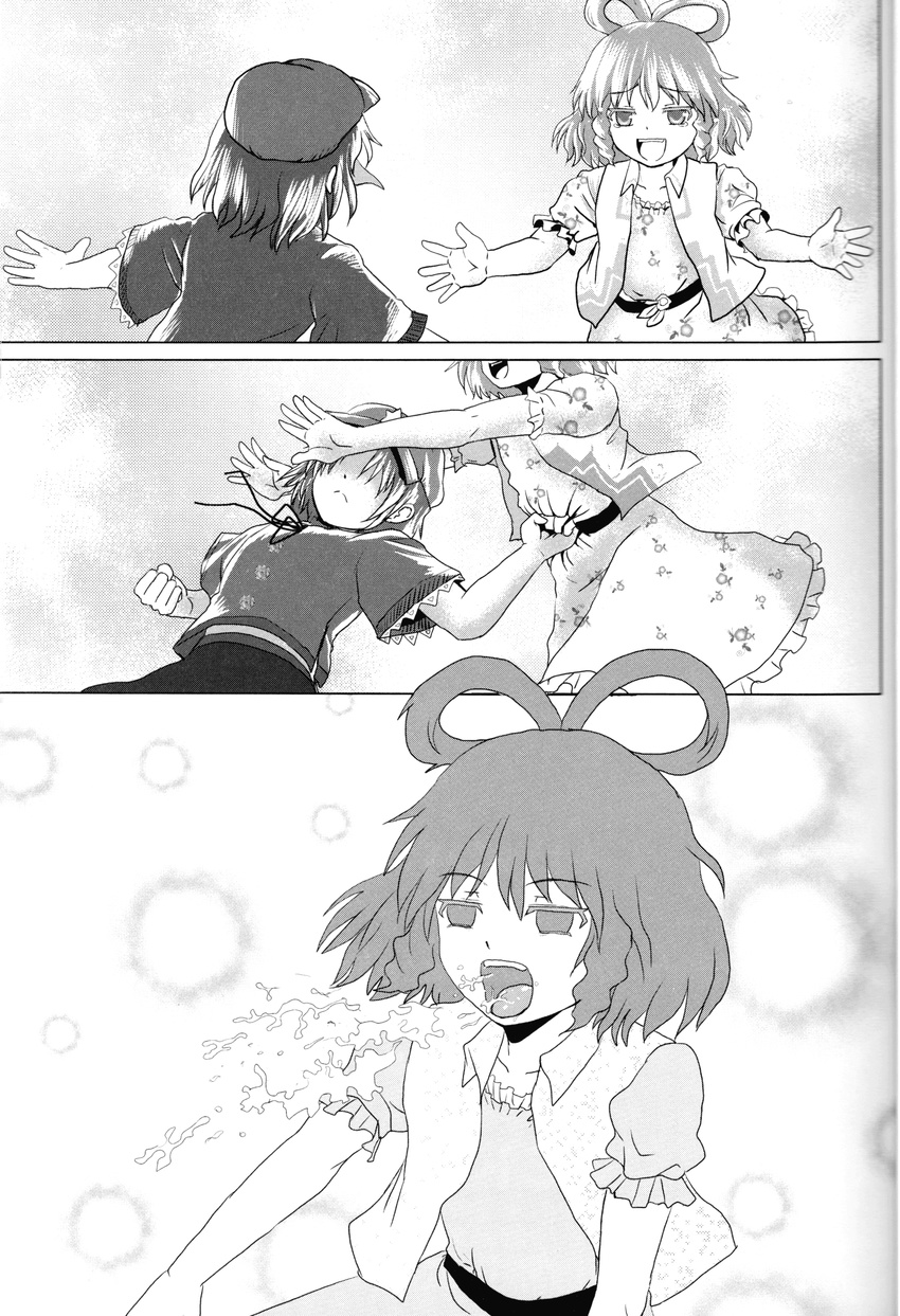 absurdres bomber_grape comic empty_eyes greyscale highres kaku_seiga miyako_yoshika monochrome multiple_girls outside_border punching short_hair stomach_punch tears touhou vomit vomiting