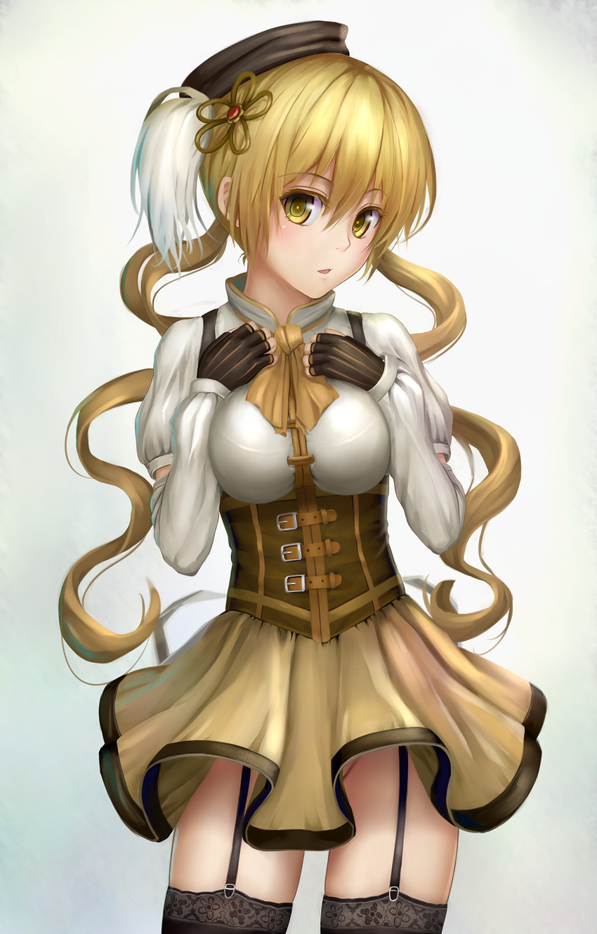 aki99 beret blonde_hair brown_legwear corset detached_sleeves drill_hair fingerless_gloves garter_straps gloves hair_ornament hairpin hat highres looking_at_viewer magical_girl mahou_shoujo_madoka_magica md5_mismatch pleated_skirt puffy_sleeves skirt solo thighhighs tomoe_mami twin_drills twintails yellow_eyes