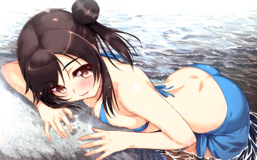 :d against_wall alternate_hairstyle ass back bangs bent_over bikini black_hair blue_bikini blue_sarong blush breast_press breasts brown_eyes butt_crack cleavage dimples_of_venus fingernails from_side hair_bun hair_up half_updo highres ichijou_hotaru large_breasts long_fingernails long_hair looking_at_viewer moric non_non_biyori ocean open_mouth rock sarong side_bun side_ponytail sideboob smile solo swept_bangs swimsuit wading water wet