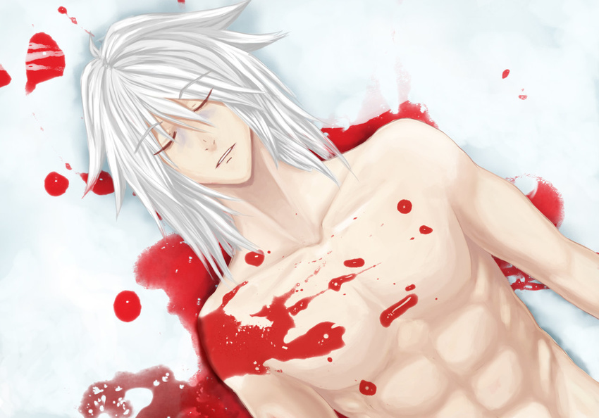 1boy blood eyes_closed male male_focus mirage_noir muscle official_art sleeping snow solo vesper vesper_(mirage_noir) white_hair