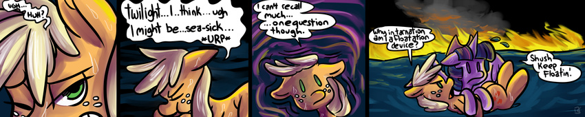 blonde_hair comic cowboy_hat cutie_mark dialog duo english_text equine fauxsquared female feral fire floating freckles friendship_is_magic frown fur green_eyes hair hat horn horse long_hair lying mammal multi-colored_hair my_little_pony on_back open_mouth orange_fur pony purple_eyes purple_fur purple_hair smoke text tongue twilight_sparkle_(mlp) unicorn water wet