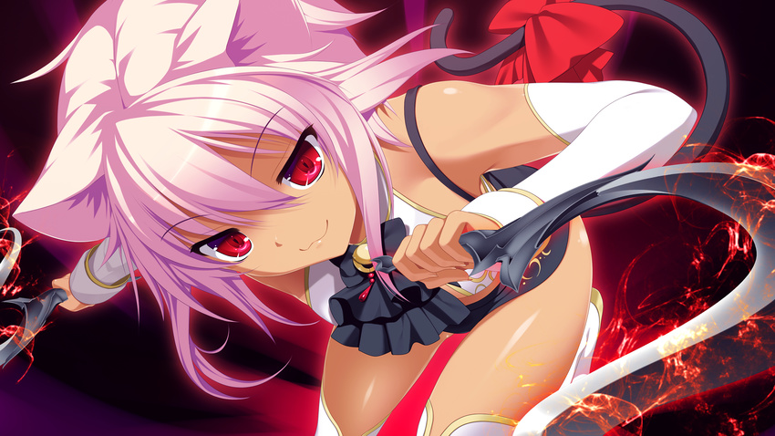 :3 animal_ears cat_ears game_cg gensou_no_idea highres non-web_source pink_hair red_eyes rouge_(gensou_no_idea) short_hair smile solo tail weapon