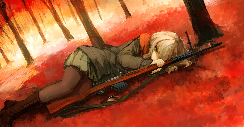 bare_tree battle_rifle bayonet bee_(deadflow) blonde_hair boots bullet clip_(weapon) coat dutch_angle forest green_eyes gun highres looking_at_viewer lying nature on_side original pantyhose rifle skirt solo svt-40 tree weapon