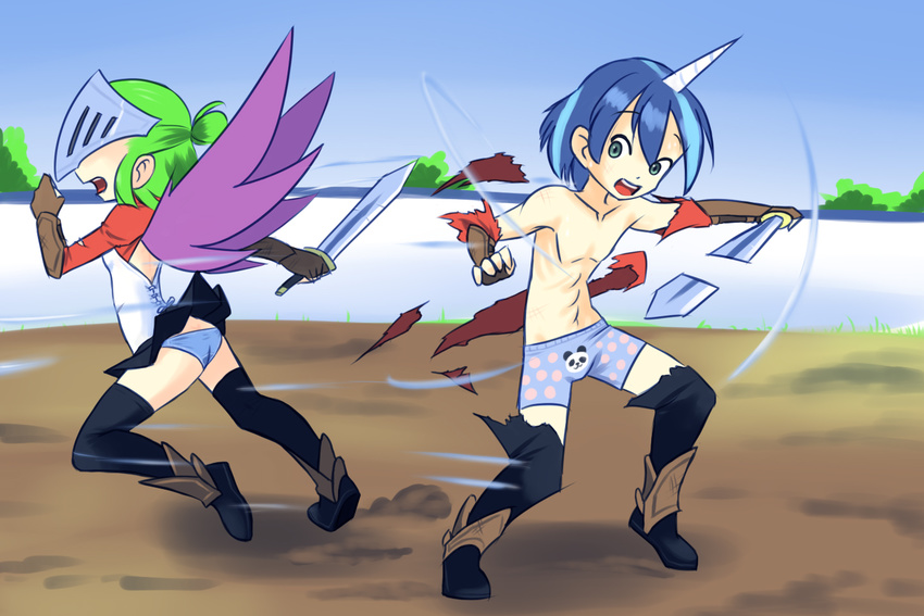 claws clothed clothing drantyno duo female friendship_is_magic helmet horn human humanized male mammal my_little_pony not_furry outside panties shining_armor_(mlp) shining_armour sword topless underwear weapon wings young