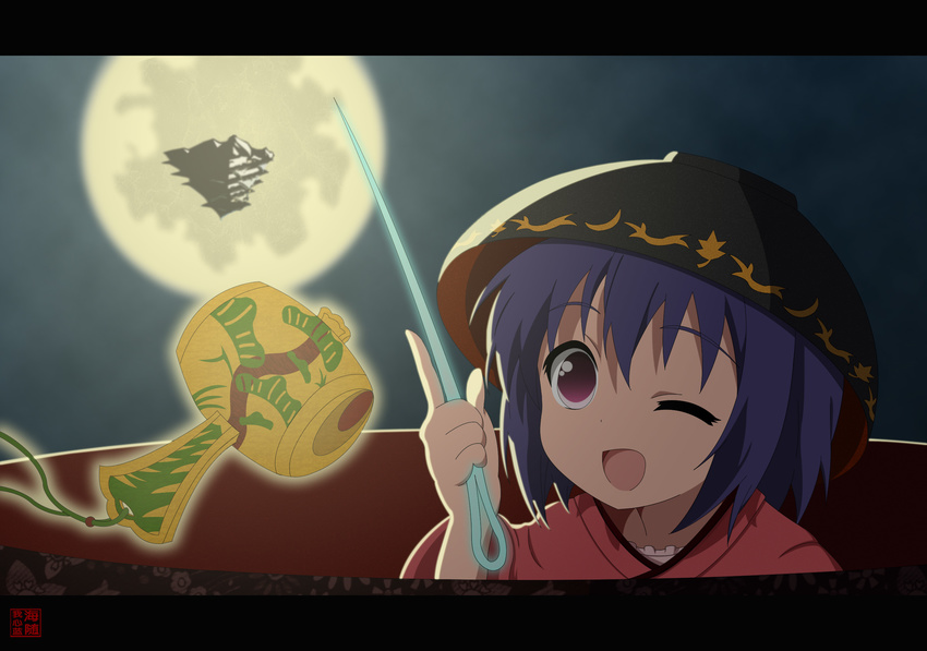 ;d anime_coloring bowl castle full_moon highres holding_needle lavender_hair letterboxed mallet minigirl miracle_mallet moon needle night one_eye_closed open_mouth oversized_object parody purple_eyes shining_needle_castle short_hair smile sukuna_shinmyoumaru touhou upside-down woofey yuru_yuri yuru_yuri's_starting