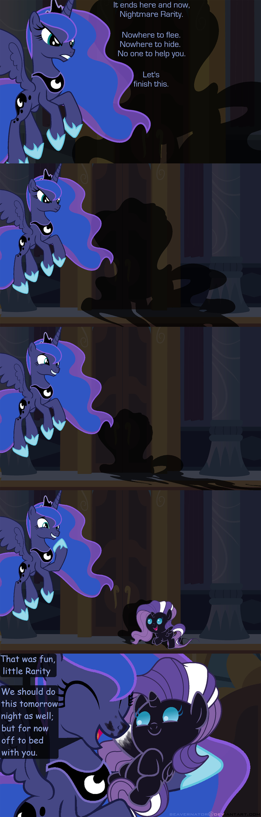 beavernator blue_eyes castle comic crown dialog disguise door english_text equine flying friendship_is_magic hair horn horse inside mammal my_little_pony necklace nightmare_rarity_(mlp) pony princess_luna_(mlp) purple_hair rarity_(mlp) shadow smile soot sparkles text two_tone_hair white_hair winged_unicorn wings young