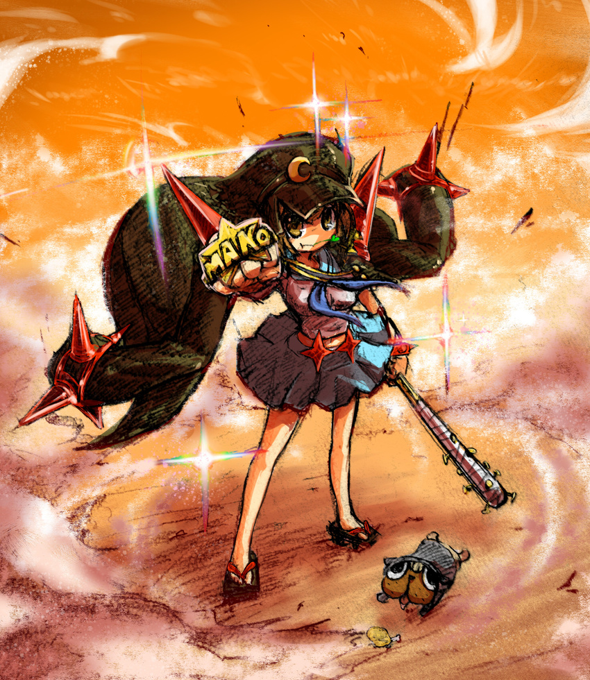 :t alternate_costume banchou baseball_bat blue_sailor_collar blue_skirt brass_knuckles clenched_hand coat dog fran_(tukihashi) geta guts_(kill_la_kill) hat highres kill_la_kill mankanshoku_mako mouth_hold nail nail_bat overcoat sailor_collar school_uniform serafuku skirt solo spoilers weapon