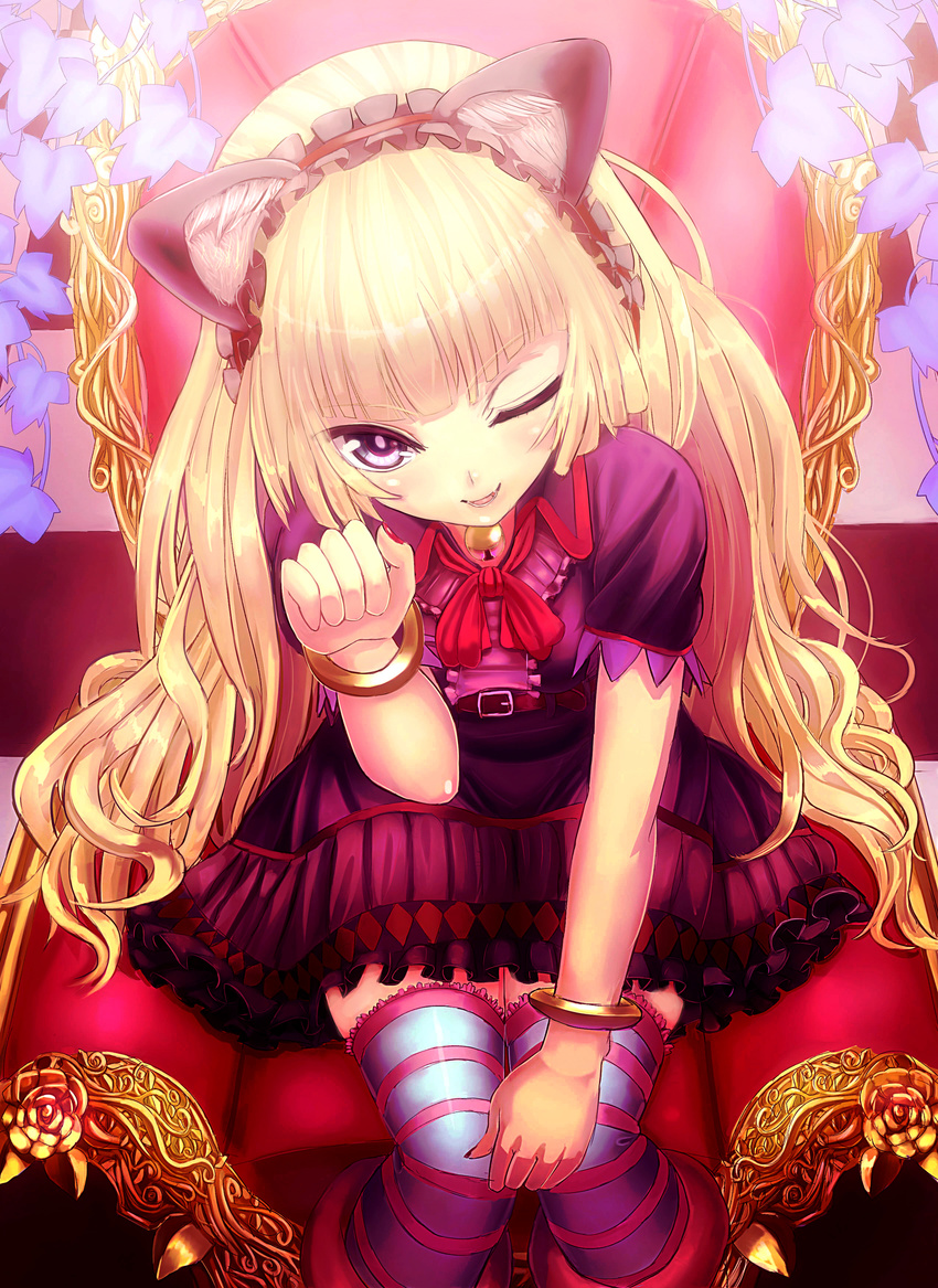 absurdres animal_ears bad_id bad_pixiv_id blonde_hair bracelet cat_ears chair dress fake_animal_ears fang from_above hairband head_tilt highres jewelry long_hair looking_at_viewer noririn one_eye_closed original paw_pose plant purple_eyes short_sleeves sitting socks solo striped striped_legwear thighhighs zettai_ryouiki