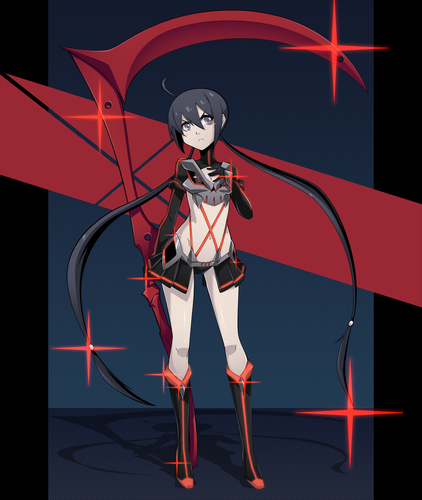 1girl :&lt; ahoge black_hair boots contrapposto cosplay fearless_night fernandez_(fearless_night) flat_chest highres huge_weapon kamui_(kill_la_kill) kill_la_kill knee_boots lens_flare long_hair miniskirt navel pale_skin poco_muerte revealing_clothes scissor_blade scythe showgirl_skirt skirt skull solo spike_wible spikewible split_ponytail suspenders very_long_hair weapon