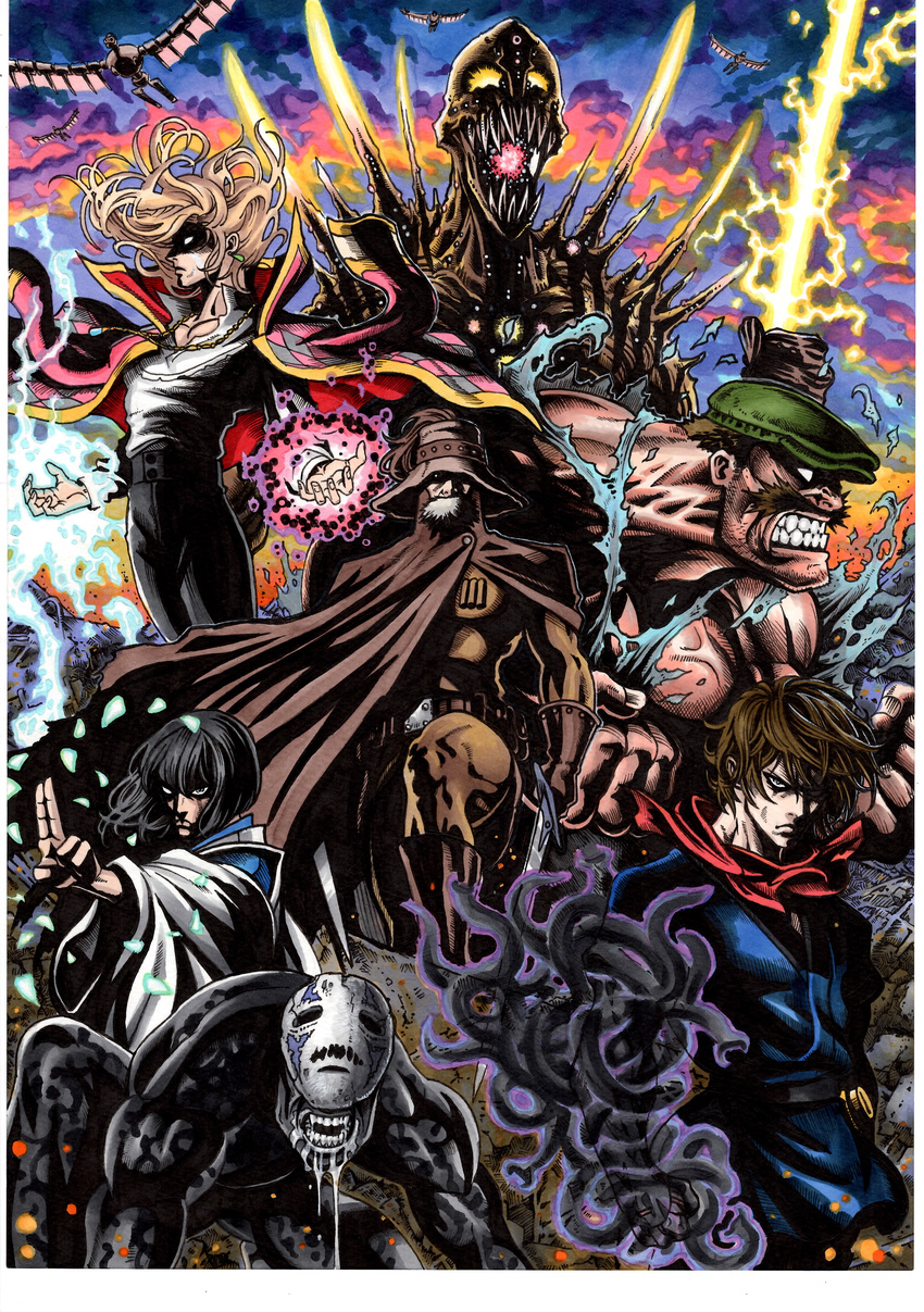 absurdres ashitaka black_hair blonde_hair boots brown_hair cabbie_hat cape checkered clenched_hands clenched_teeth coat colossus commentary company_connection creator_connection crossover demon drooling dual_wielding earrings electricity energy_sword facial_hair flying gloves glowing glowing_eyes haku_(sen_to_chihiro_no_kamikakushi) hat high_collar highres holding howl_(howl_no_ugoku_shiro) howl_no_ugoku_shiro jacket_on_shoulders jewelry kaonashi kaze_no_tani_no_nausicaa kyoshinhei laputa_robot long_hair long_sleeves magic male_focus manly mask mononoke_hime monster mr._duffi multiple_boys multiple_crossover muscle mustache old_man open_mouth pendant petals robot scarf sen_to_chihiro_no_kamikakushi sharp_teeth sheath shirt spikes stubble studio_ghibli sword takumi_(marlboro) teeth tenkuu_no_shiro_laputa torn_clothes torn_shirt weapon white_hair yupa