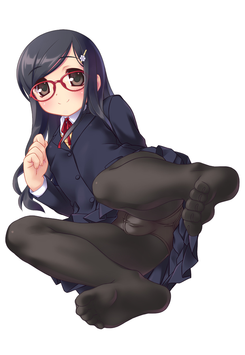 aoi_kumiko bangs black_eyes black_hair black_legwear blazer blush feet full_body glasses hair_ornament hairclip highres jacket long_sleeves looking_at_viewer no_shoes original panties panties_under_pantyhose pantyhose pleated_skirt red-framed_eyewear school_uniform simple_background skirt smile solo swept_bangs toes underwear upskirt white_background