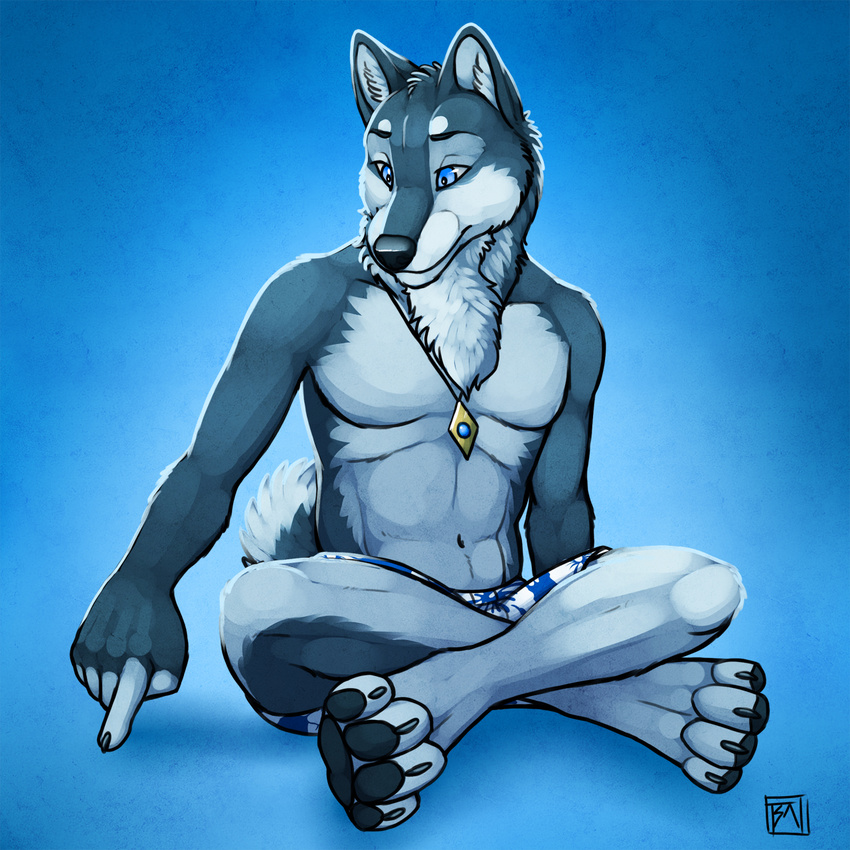 abs black_nose black_pawpads blue_background blue_eyes canine chest_tuft claws crossed_legs digitigrade forefinger front fur grey_fur hindpaw male mammal multicolor_fur muscles necklace pawpads paws pecs plain_background sitting soles solo swimsuit toes topless tsaiwolf tuft two_tone_fur wolf
