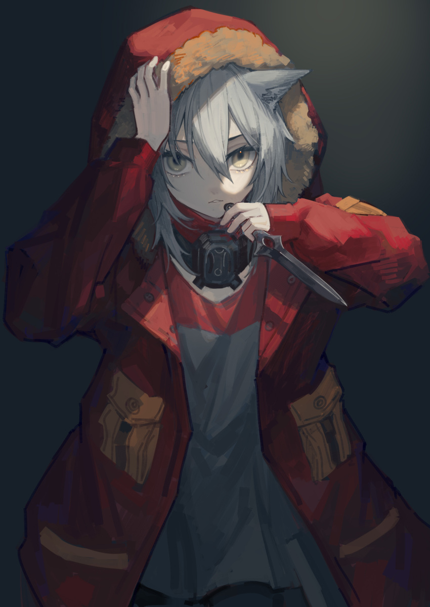 1girl absurdres animal_ear_fluff animal_ears arknights bangs coat dagger fur_coat gas_mask grey_background grey_eyes grey_hair highres holding holding_dagger holding_knife holding_weapon knife long_sleeves looking_at_viewer mask miike_(992058) parted_lips projekt_red_(arknights) red_coat reverse_grip short_hair solo upper_body weapon wolf_ears wolf_girl