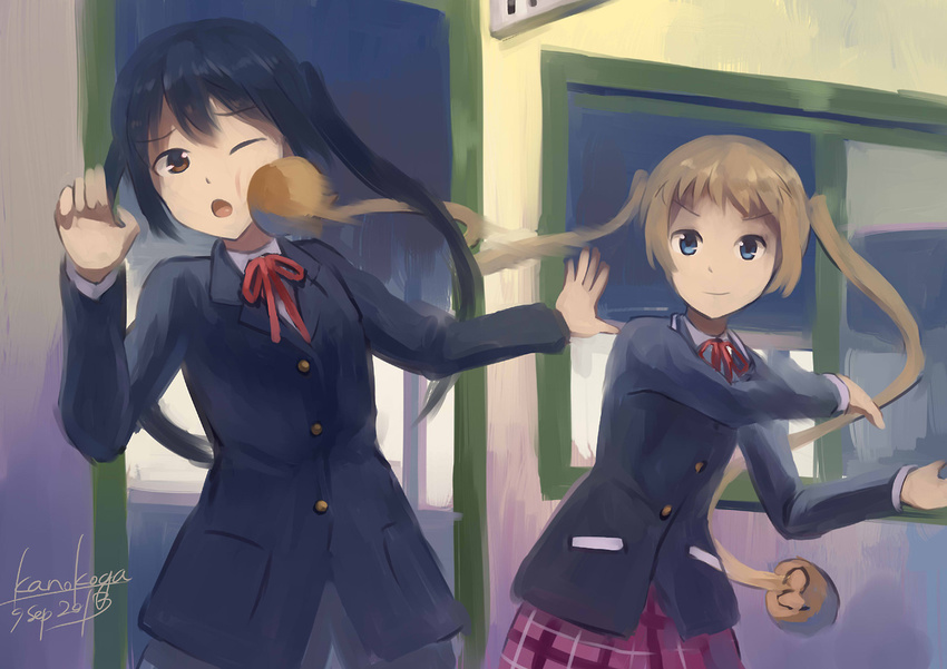 2girls ;o artist_name black_hair blazer blonde_hair blue_eyes brown_eyes chuunibyou_demo_koi_ga_shitai! company_connection crossover dated dekomori_sanae hair_weapon jacket k-on! kanokoga kyoto_animation long_hair multiple_girls nakano_azusa one_eye_closed plaid plaid_skirt sakuragaoka_high_school_uniform school_uniform signature skirt twintails very_long_hair