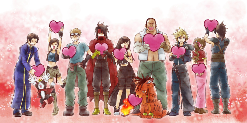 3girls 6+boys aerith_gainsborough arms_up barret_wallace boots cait_sith cid_highwind cloak cloud_strife everyone final_fantasy final_fantasy_vii final_fantasy_vii_advent_children happy heart highres long_hair midriff multiple_boys multiple_girls navel open_mouth red_xiii reeve_tuesti short_hair square_enix tifa_lockhart vincent_valentine yuffie_kisaragi zack_fair