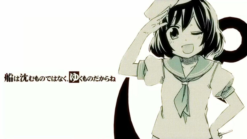 ahoge comic dress hat hota monochrome murasa_minamitsu neckerchief one_eye_closed open_mouth sailor sailor_dress sailor_hat salute screencap short_hair short_sleeves solo touhou translation_request