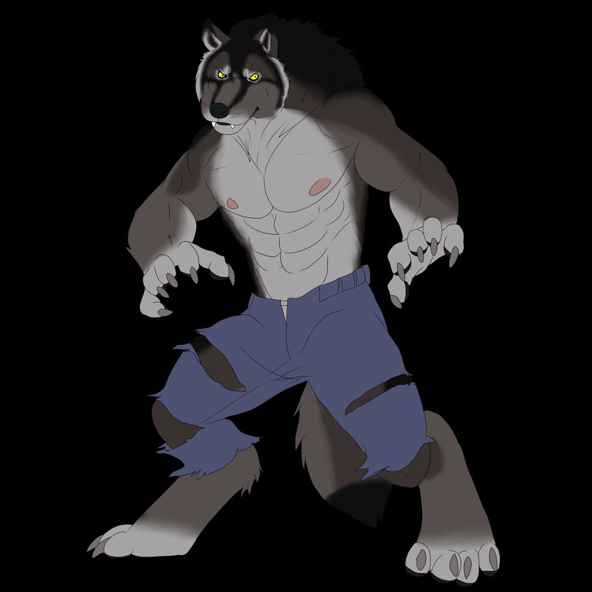 anthro biceps big_muscles black_background black_nose canine claws clothing fangs fur grey_fur looking_at_viewer male mammal muscles nipples pants pecs plain_background pose rrowdybeast shorts solo standing teeth toe_claws toned topless torn_clothing underwear were werewolf wolf yellow_eyes