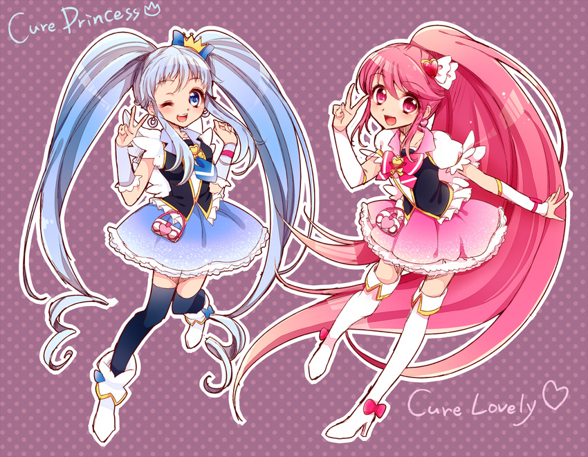 :d ;d aino_megumi arm_warmers blue_eyes blue_hair blue_skirt boots bow character_name cure_lovely cure_princess earrings hair_ornament happinesscharge_precure! heart heart_hair_ornament high_heels high_ponytail jewelry long_hair magical_girl multiple_girls one_eye_closed open_mouth pink_bow pink_eyes pink_hair polka_dot polka_dot_background ponytail precure puffy_sleeves purple_background ribbon shirayuki_hime skirt smile text_focus thigh_boots thighhighs twintails uzuki_aki v very_long_hair wide_ponytail zettai_ryouiki