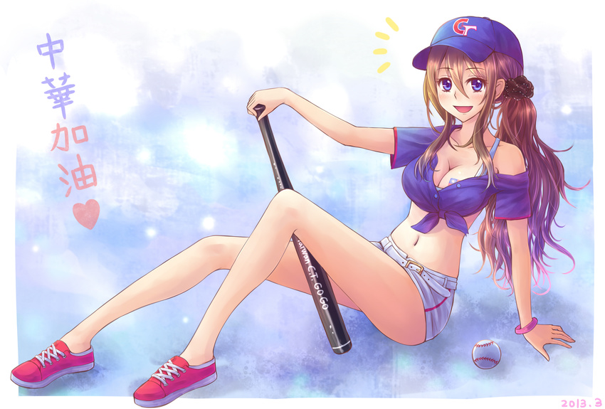 absurdres arm_support bare_legs baseball baseball_bat baseball_cap belt blue_eyes bra bracelet breasts brown_hair cleavage flag front-tie_top hat highres jewelry large_breasts long_hair midriff navel off_shoulder original scrunchie shirt shoes short_shorts shorts smile sneakers solo suikakitsu_shiro taiwan tied_shirt underwear world_baseball_classic xia_you_qing