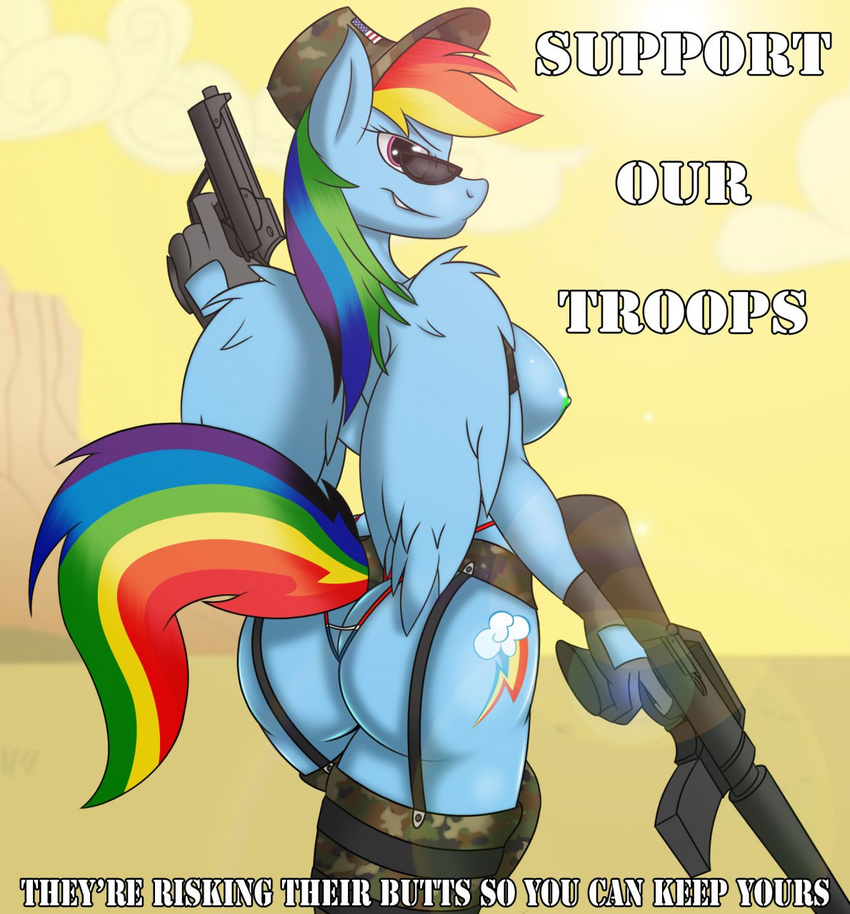 america american_flag anthro anthrofied army blue_fur breasts butt camo cloud cutie_mark english_text equine eyewear female friendship_is_magic fur garter gloves gun hair hat jrvanesbroek looking_at_viewer mammal multi-colored_hair my_little_pony nipples pegasus pistol purple_eyes rainbow_dash_(mlp) rainbow_hair ranged_weapon rifle simple_background skimpy_clothing smirk solo sunglasses text weapon wings