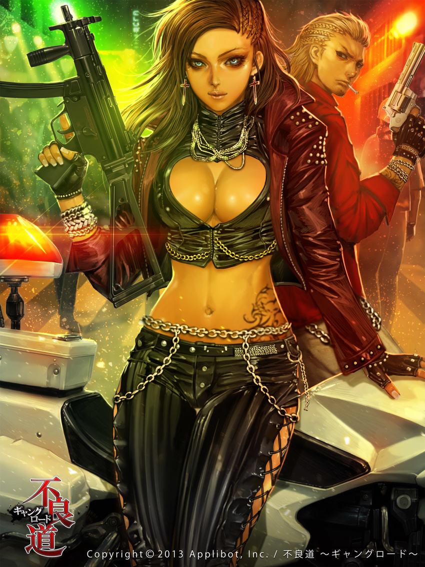 1girl arm_support blonde_hair blue_eyes bracelet breasts brown_hair chain cigarette cleavage cleavage_cutout cornrows cross earrings fingerless_gloves furyou_michi_~gang_road~ gloves gun h&amp;k_mp5k heckler_&amp;_koch highres holding holding_gun holding_weapon jewelry kurodo_melissa large_breasts long_hair looking_at_viewer looking_back midriff mole navel official_art submachine_gun tattoo trigger_discipline vertical_foregrip weapon xaxak