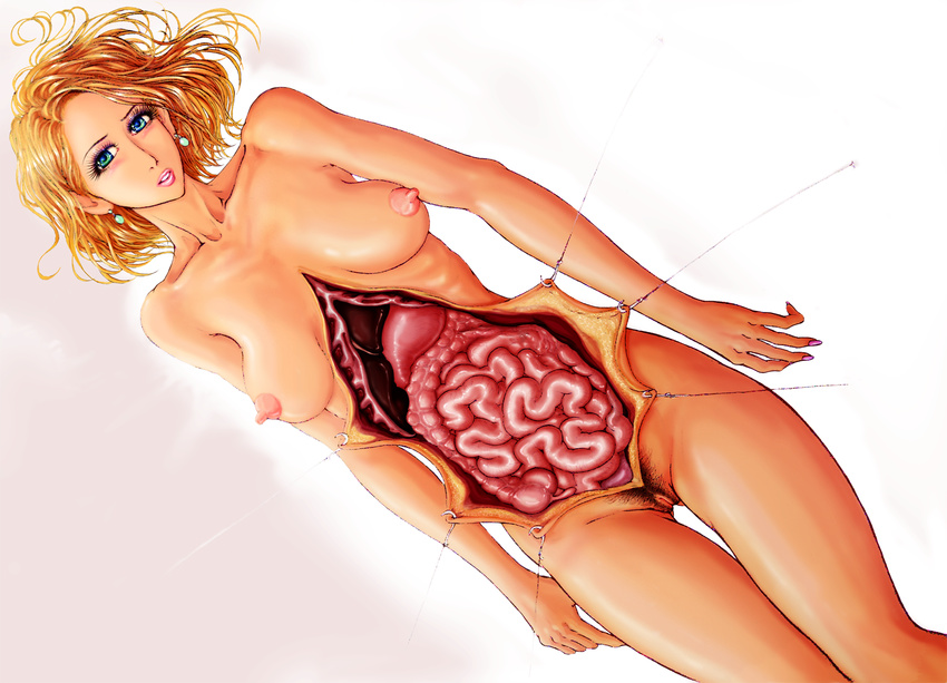 1girl blonde_hair breasts earrings guro highres intestines loon memento_mori nipples nude pubic_hair pussy solo uncensored