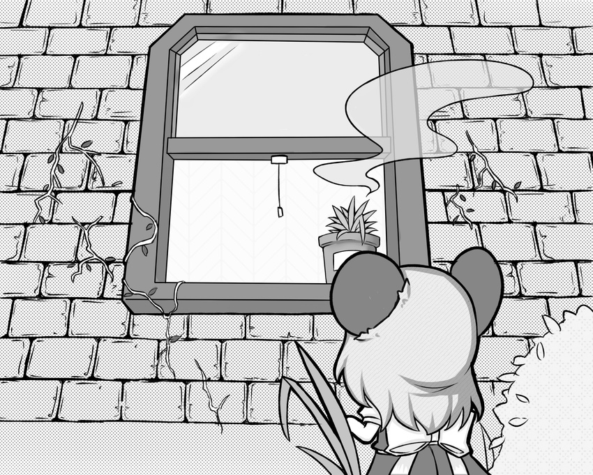 animal_ears bad_id bad_pixiv_id bow brick_wall bush comic flower_pot grass greyscale highres kemonomimi_mode kirisame_marisa long_hair minigirl monochrome mouse_ears mouse_marisa plant running_bond short_sleeves steam touhou vines window window_shade yuasan