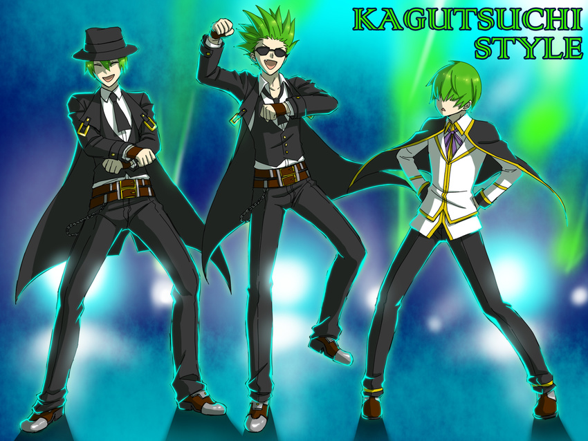 arin66 bad_id bad_pixiv_id blazblue formal gangnam_style green_hair hazama highres kazuma_kuvaru male_focus multiple_boys multiple_persona necktie parody suit sunglasses yuuki_terumi