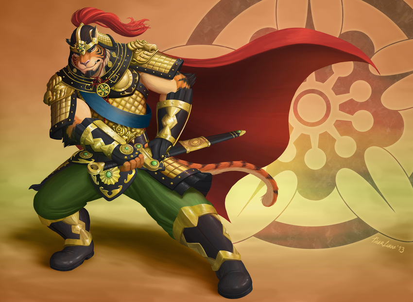 anthro armor biceps boots feline fighting_stance helmet hunk looking_at_viewer male mammal manful manly manly_as_fuck muscles pose solo strong sword tiger tigerlukke tigerlukke_(artist) warrior warrior_pose weapon