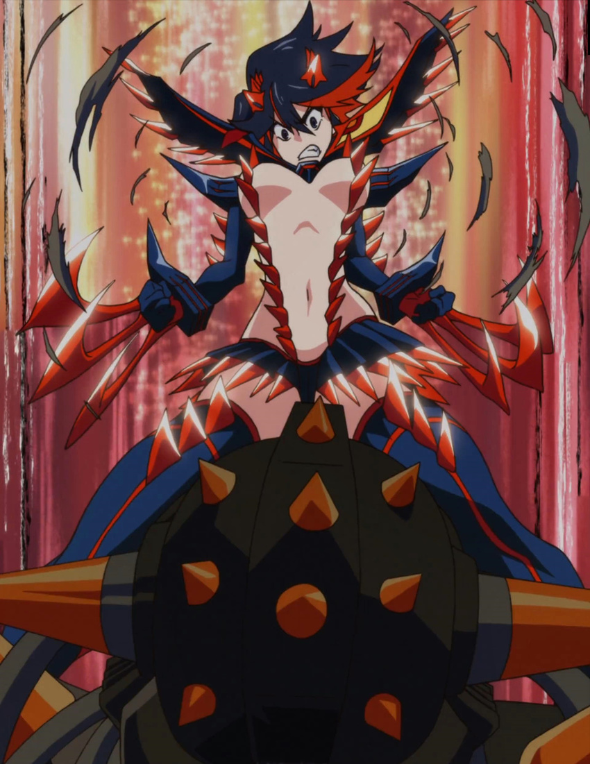 absurdres black_hair blue_eyes boots breasts gamagoori_ira highres kill_la_kill large_breasts matoi_ryuuko miniskirt multicolored_hair non-web_source revealing_clothes scourge_regalia screencap senketsu skirt spikes spoilers trigger_(company)