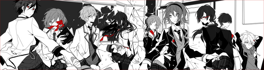 5boys a-no a-ya_(shuuen_no_shiori) akina422 arm_behind_back arms_behind_head b-ka b-ko_(shuuen_no_shiori) bad_id bad_pixiv_id bandages blazer book border boxcutter breasts c-na c-ta chalkboard closed_mouth collared_shirt covered_eyes crack curious d-ne d-suke_(shuuen_no_shiori) drawstring dripping e-ki floating_hair flower frown hair_between_eyes hair_over_eyes hair_over_shoulder hair_ribbon hairband hand_in_pocket hand_on_own_face highres holding holding_book hood hood_down hoodie jacket long_hair long_sleeves looking_at_viewer looking_away looking_back messy_hair miniskirt multiple_boys multiple_girls necktie one_eye_covered open_book outstretched_arms outstretched_hand over-rim_eyewear pants pantyhose parted_lips plaid plaid_pants plaid_skirt pleated_skirt profile red-framed_eyewear red_border red_flower red_ribbon ribbon school_uniform semi-rimless_eyewear shards shirt short_hair shuuen_no_shiori_project skirt smile spot_color sweater_vest very_long_hair window worried