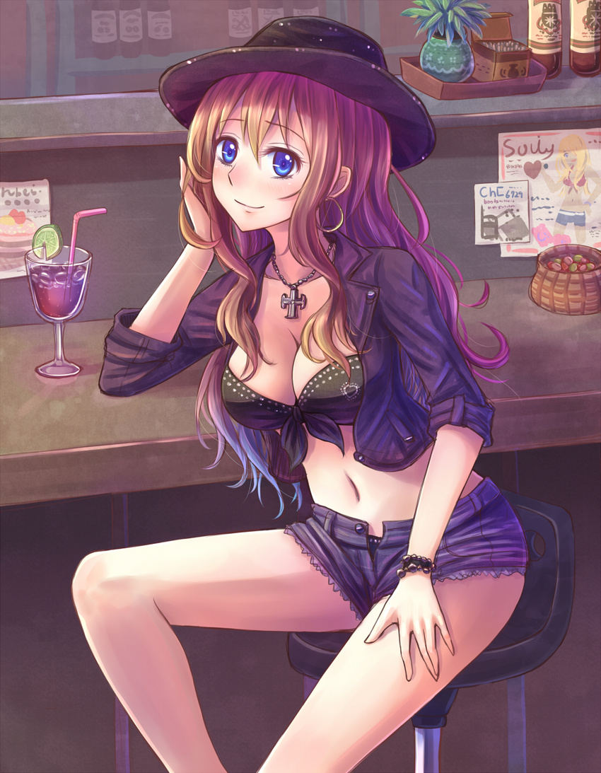 bandeau bar blue_eyes breasts brown_hair cleavage cutoffs drink drinking_straw earrings front-tie_top glass hand_on_thigh hat highres jacket jewelry long_hair medium_breasts navel necklace open_fly original panties short_shorts shorts sleeves_rolled_up smile solo stool suikakitsu_shiro unbuttoned underwear unzipped xia_you_qing