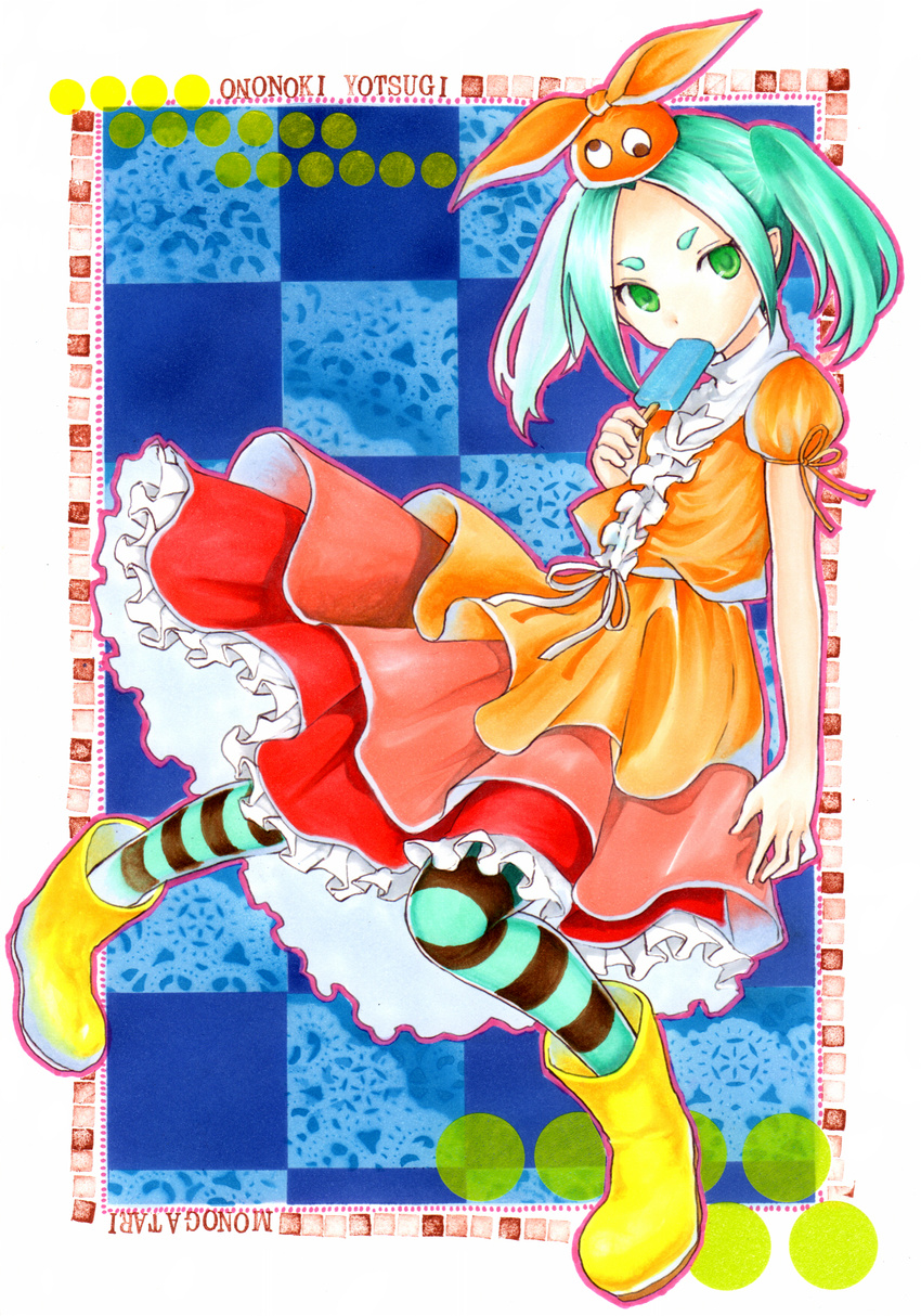 aqua_hair dress eyebrows food green_eyes hat highres monogatari_(series) ononoki_yotsugi pantyhose popsicle short_hair striped striped_legwear twintails yunata