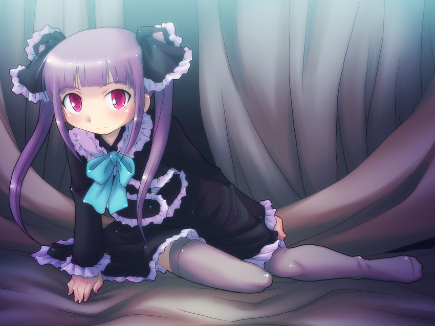 1girl absurdres blush bones_(company) character_request child darker_than_black feet gothic_lolita her_step_1.0 highres lolita_fashion long_hair lying no_shoes pink_eyes purple_hair ribbon sitting smile solo thighhighs twintails yoshi_(crossmind)