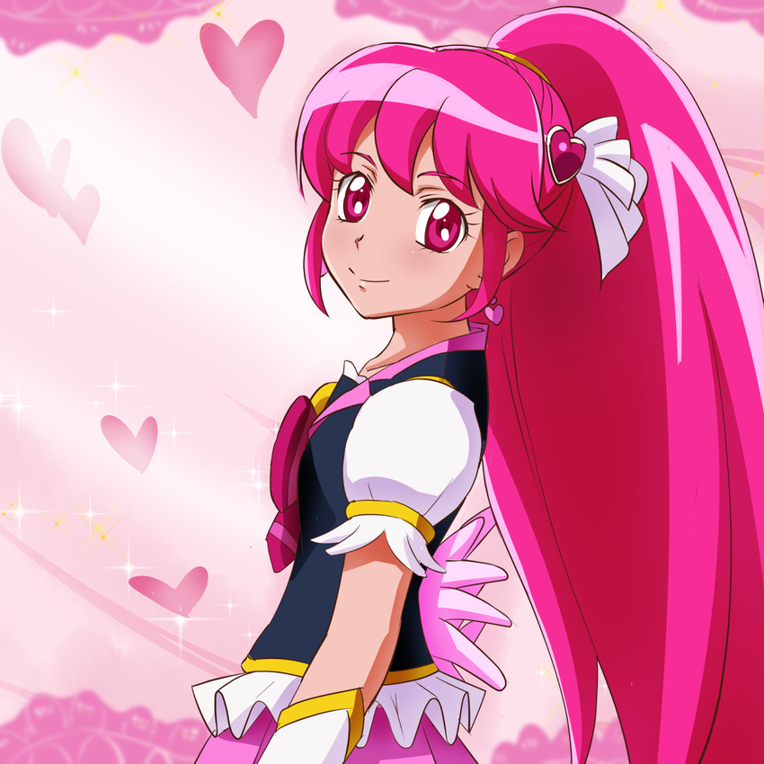 aino_megumi bad_id bad_pixiv_id blush cure_lovely earrings frills hair_ornament happinesscharge_precure! heart heart_hair_ornament highres jewelry long_hair looking_at_viewer magical_girl mont_blanc_(heartcatch_ayaya) pink pink_background pink_eyes pink_hair ponytail precure smile solo wide_ponytail