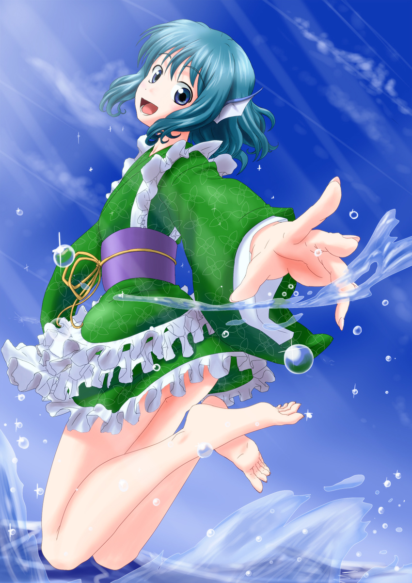 alternate_form bare_legs barefoot blue_eyes blue_hair blue_sky cloud day floral_print foreshortening head_fins highres humanization japanese_clothes jumping kimono legs looking_at_viewer obi open_mouth outstretched_arm sachishiro_pengin sash short_hair short_kimono sky solo splashing touhou wakasagihime water_drop