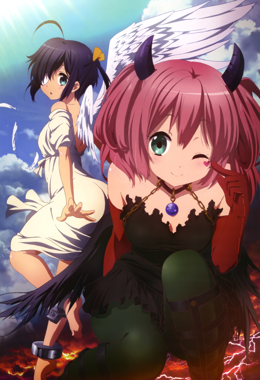 ;) absurdres ahoge angel_and_devil angel_wings barefoot black_hair black_legwear black_wings blue_eyes blush chain chuunibyou_demo_koi_ga_shitai! cuffs demon_horns elbow_gloves eyepatch gloves green_eyes green_legwear heart highres horns ikeda_kazumi jewelry looking_at_another multiple_girls nyantype official_art one_eye_closed one_side_up open_mouth pantyhose pendant pink_hair red_gloves scan shackles shichimiya_satone short_hair smile takanashi_rikka twintails white_wings wings
