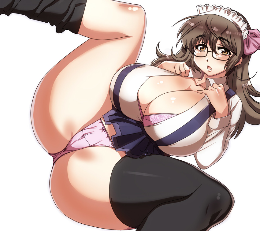 black_legwear bra breasts brown_eyes brown_hair cleavage glasses highres huge_breasts long_hair looking_at_viewer maid_headdress original panties parted_lips pink_bra pink_panties simple_background solo spread_legs tamanegiya thick_thighs thighhighs thighs underwear white_background